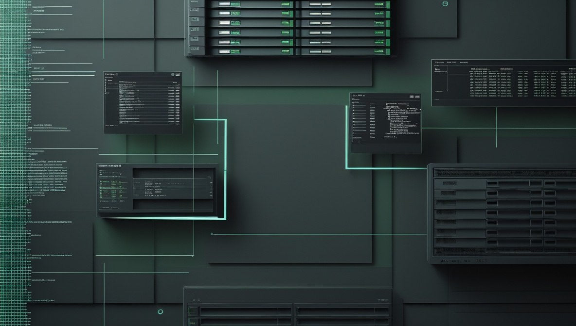 Abstract digital illustration of overlapping mobile app interface cards and UI elements in teal, green, black on a dark navy background.