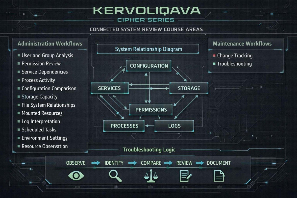 A digital presentation slide titled 'Kervoliqava' outlining a UI design curriculum. The slide features a dark blue background with multiple white and blue mockups illustrating reusable components, component states, visual consistency, typography, content cards, and skills checklist.