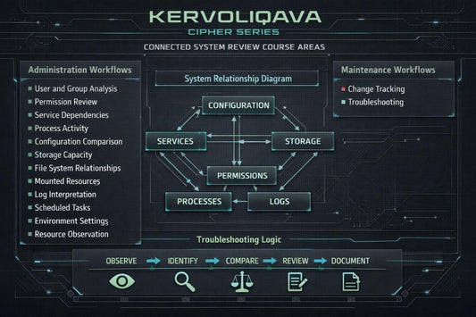 A digital presentation slide titled 'Kervoliqava' outlining a UI design curriculum. The slide features a dark blue background with multiple white and blue mockups illustrating reusable components, component states, visual consistency, typography, content cards, and skills checklist.