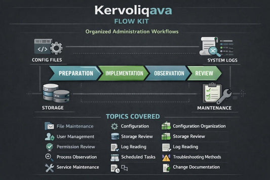 A digital presentation slide titled 'Kervoliqava' outlining a UI design curriculum. The slide features a dark blue background with multiple white and blue mockups illustrating reusable components, component states, visual consistency, typography, content cards, and skills checklist.