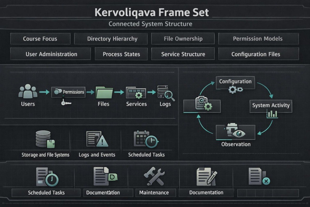 A digital presentation slide titled 'Kervoliqava' outlining a UI design curriculum. The slide features a dark blue background with multiple white and blue mockups illustrating reusable components, component states, visual consistency, typography, content cards, and skills checklist.