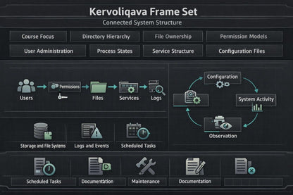 A digital presentation slide titled 'Kervoliqava' outlining a UI design curriculum. The slide features a dark blue background with multiple white and blue mockups illustrating reusable components, component states, visual consistency, typography, content cards, and skills checklist.