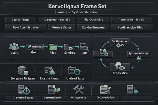 A digital presentation slide titled 'Kervoliqava' outlining a UI design curriculum. The slide features a dark blue background with multiple white and blue mockups illustrating reusable components, component states, visual consistency, typography, content cards, and skills checklist.