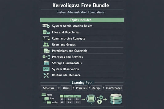 A digital presentation slide titled 'Kervoliqava' outlining a UI design curriculum. The slide features a dark blue background with multiple white and blue mockups illustrating reusable components, component states, visual consistency, typography, content cards, and skills checklist.