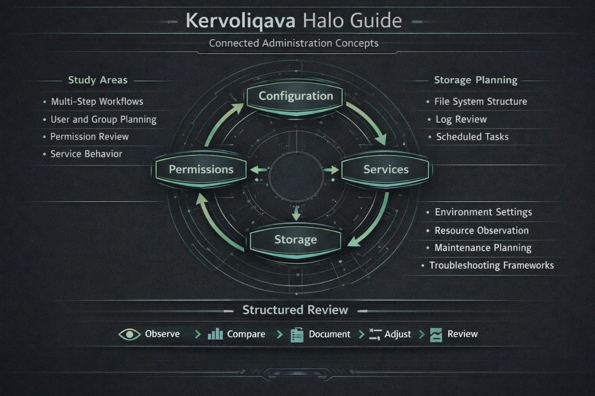 A digital presentation slide titled 'Kervoliqava' outlining a UI design curriculum. The slide features a dark blue background with multiple white and blue mockups illustrating reusable components, component states, visual consistency, typography, content cards, and skills checklist.