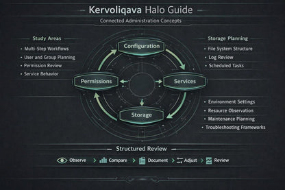 A digital presentation slide titled 'Kervoliqava' outlining a UI design curriculum. The slide features a dark blue background with multiple white and blue mockups illustrating reusable components, component states, visual consistency, typography, content cards, and skills checklist.