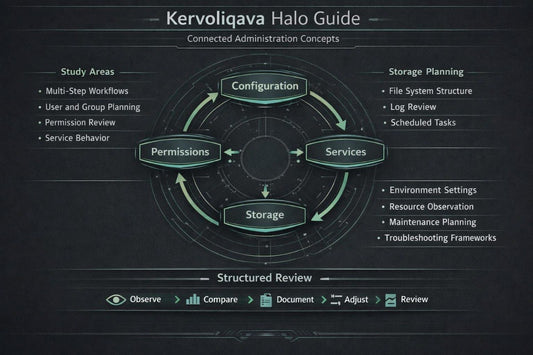 A digital presentation slide titled 'Kervoliqava' outlining a UI design curriculum. The slide features a dark blue background with multiple white and blue mockups illustrating reusable components, component states, visual consistency, typography, content cards, and skills checklist.