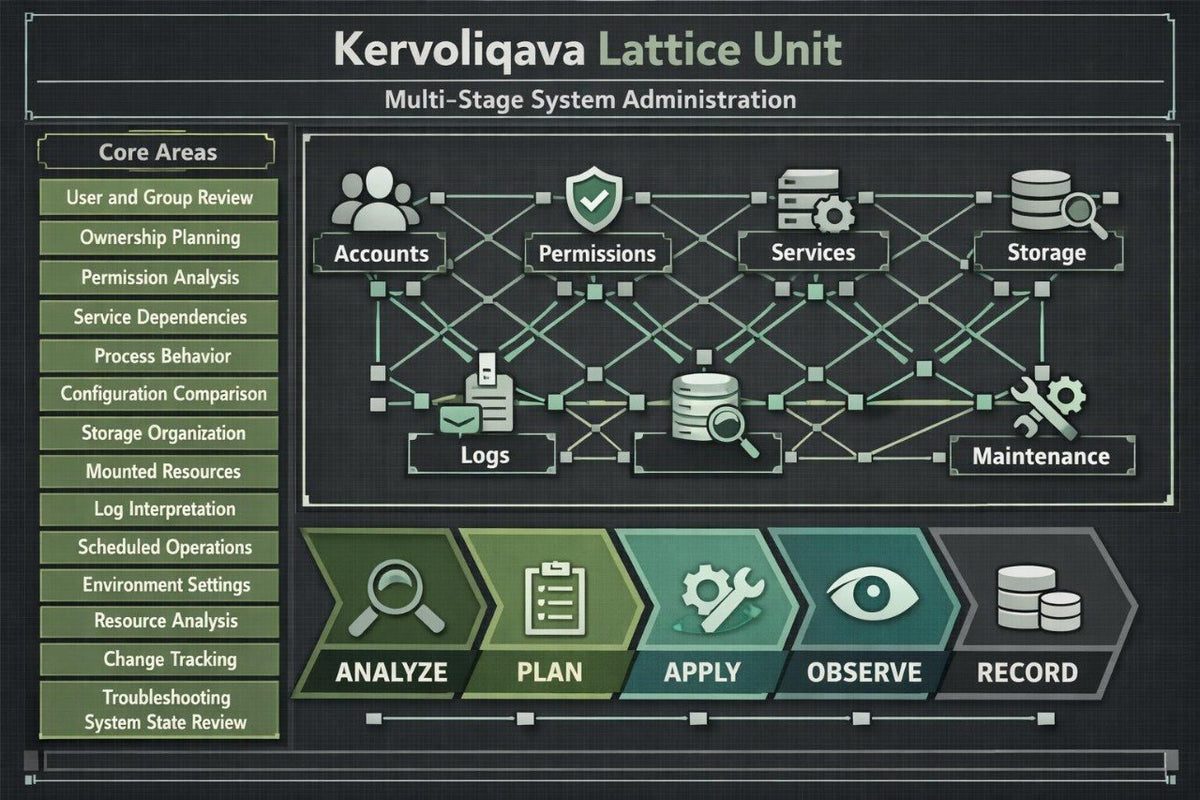 A digital presentation slide titled 'Kervoliqava' outlining a UI design curriculum. The slide features a dark blue background with multiple white and blue mockups illustrating reusable components, component states, visual consistency, typography, content cards, and skills checklist.
