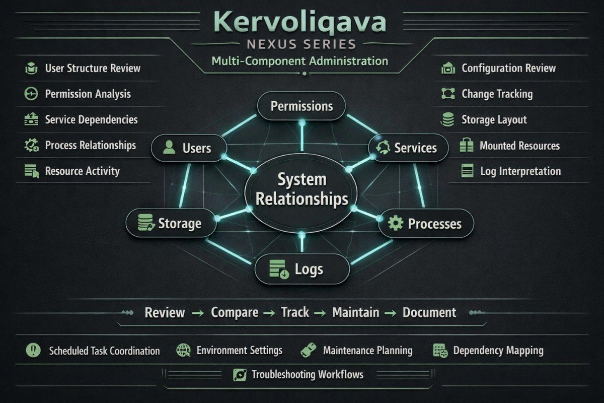 A digital presentation slide titled 'Kervoliqava' outlining a UI design curriculum. The slide features a dark blue background with multiple white and blue mockups illustrating reusable components, component states, visual consistency, typography, content cards, and skills checklist.