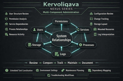 A digital presentation slide titled 'Kervoliqava' outlining a UI design curriculum. The slide features a dark blue background with multiple white and blue mockups illustrating reusable components, component states, visual consistency, typography, content cards, and skills checklist.
