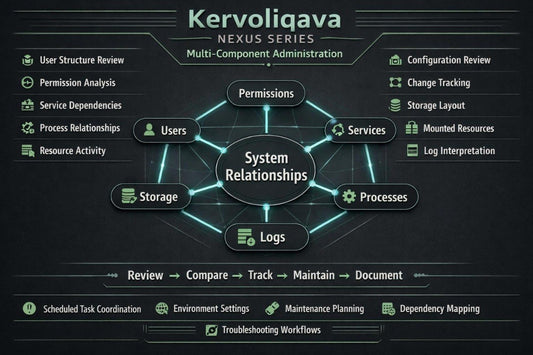 A digital presentation slide titled 'Kervoliqava' outlining a UI design curriculum. The slide features a dark blue background with multiple white and blue mockups illustrating reusable components, component states, visual consistency, typography, content cards, and skills checklist.