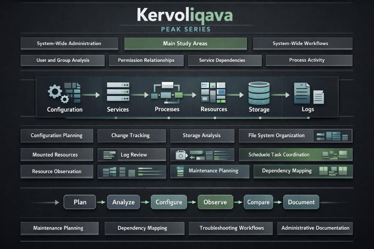 A digital presentation slide titled 'Kervoliqava' outlining a UI design curriculum. The slide features a dark blue background with multiple white and blue mockups illustrating reusable components, component states, visual consistency, typography, content cards, and skills checklist.