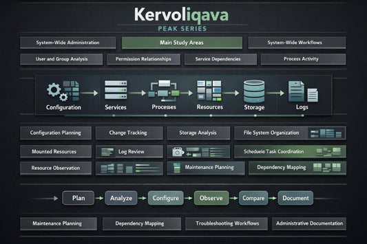 A digital presentation slide titled 'Kervoliqava' outlining a UI design curriculum. The slide features a dark blue background with multiple white and blue mockups illustrating reusable components, component states, visual consistency, typography, content cards, and skills checklist.