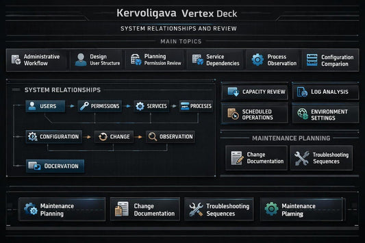 A digital presentation slide titled 'Kervoliqava' outlining a UI design curriculum. The slide features a dark blue background with multiple white and blue mockups illustrating reusable components, component states, visual consistency, typography, content cards, and skills checklist.